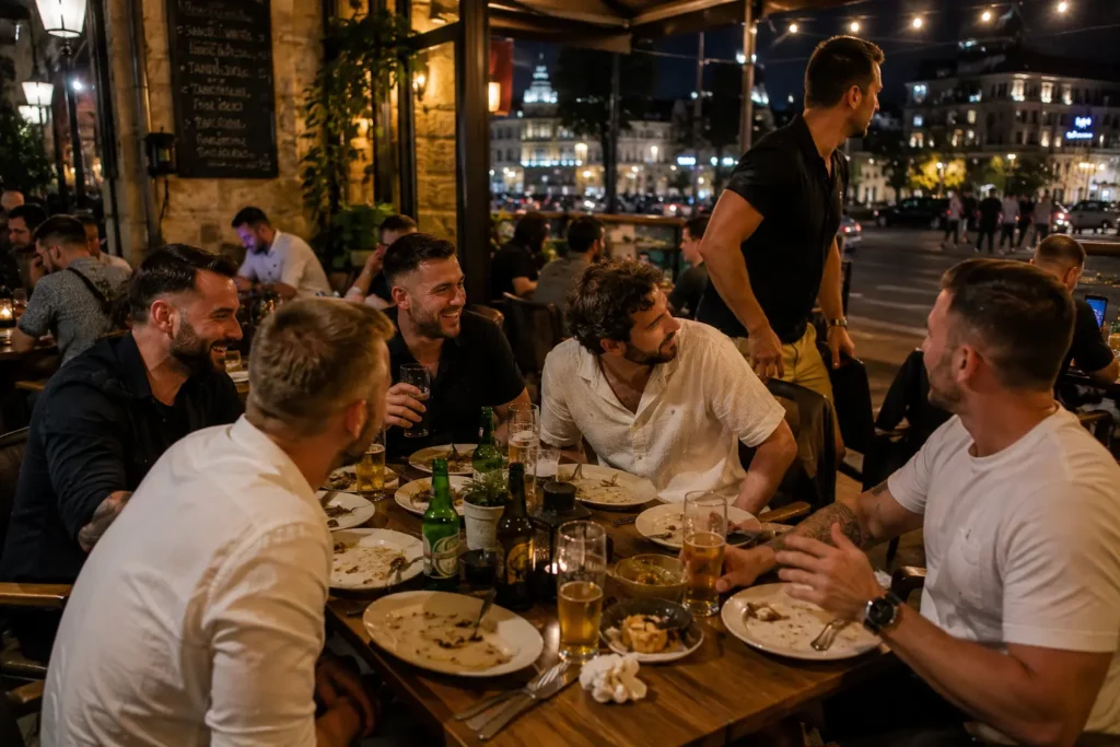 Stag group having dinner before a night out in Budapest