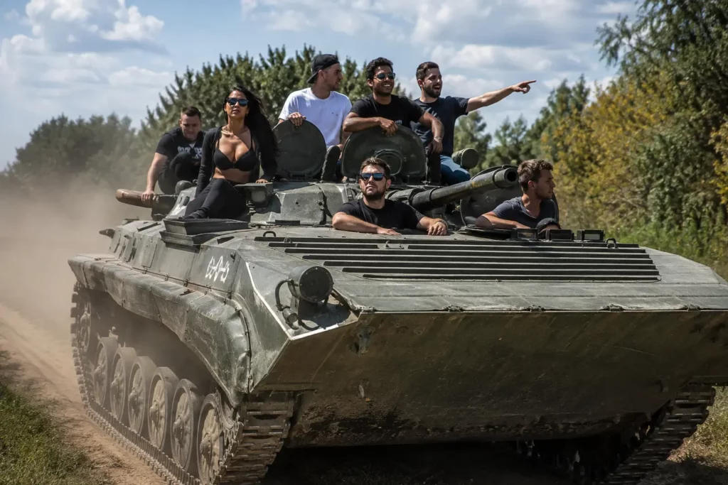 Group riding a military tank as one of the crazy things to do in Budapest