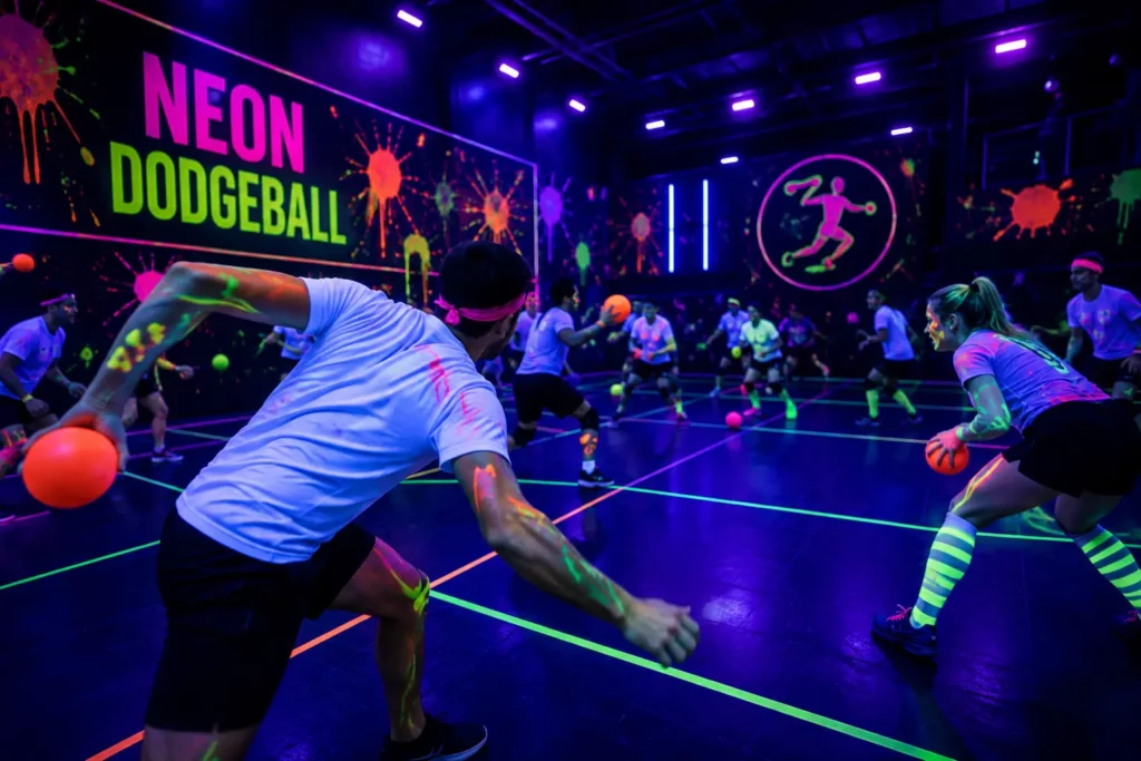 Friends playing neon dodgeball under UV lights in Budapest