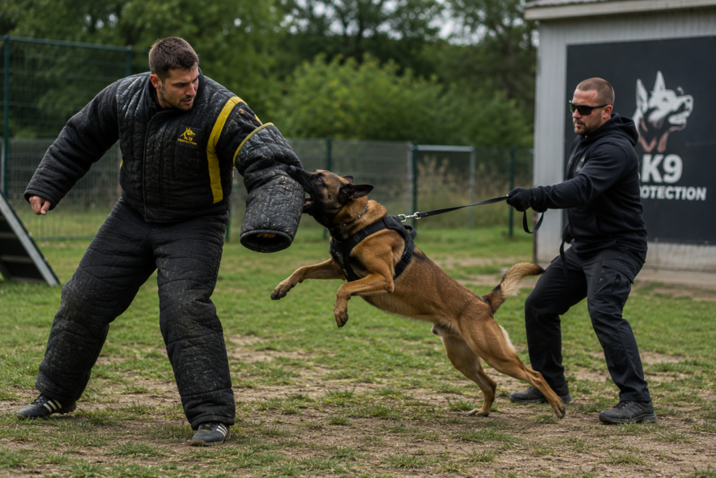 Trained protection dog attacking a padded participant during a supervised Budapest experience