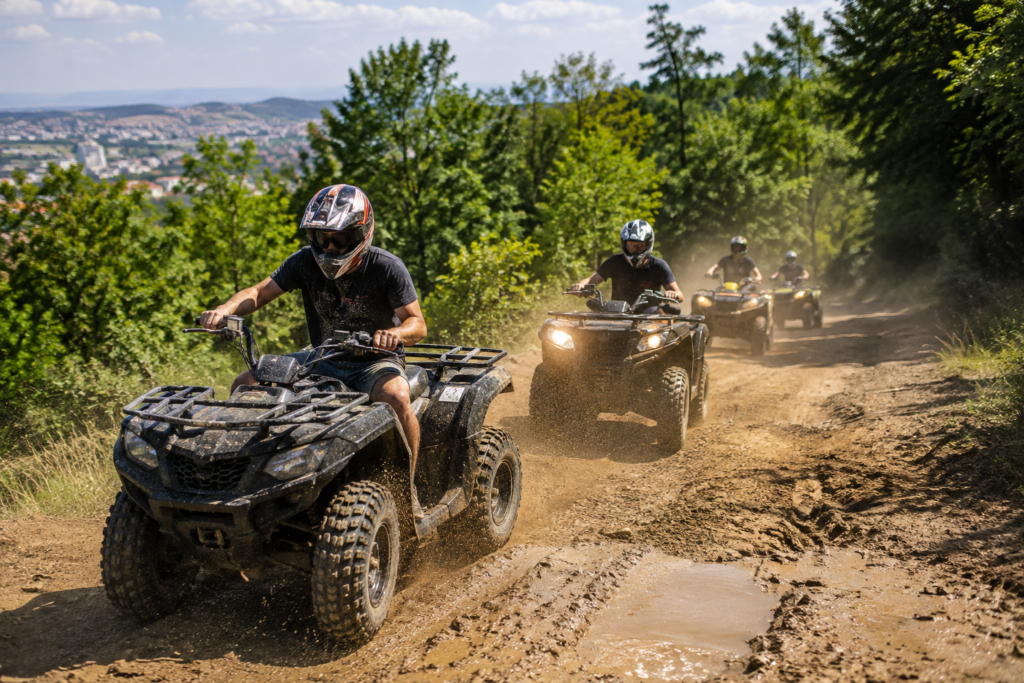 Friends riding quad bikes on a rough off-road trail near Budapest