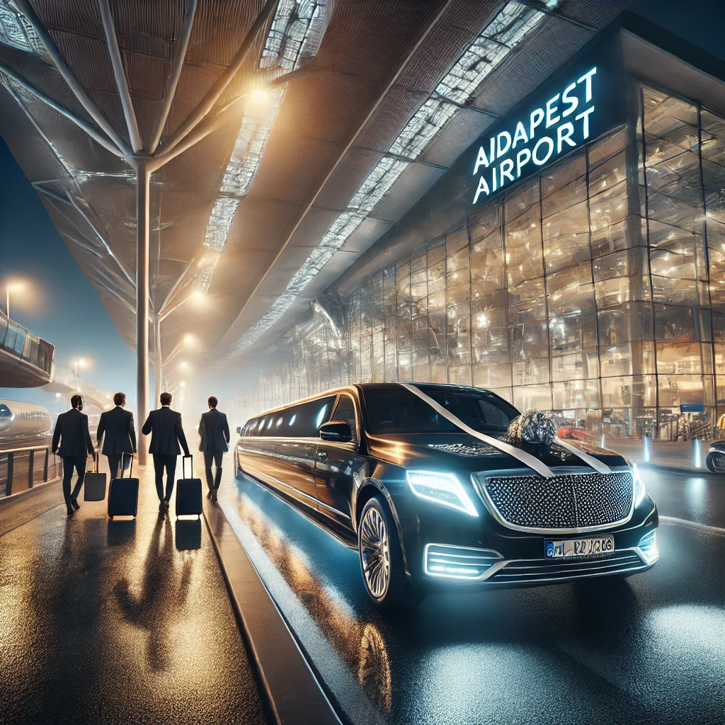  stag do airport transportation in Budapest. The sleek luxury vehicle is parked in front of the modern architecture of Budapest Airport, while the stag group, casually dressed and with luggage in hand, approaches the vehicle, ready to kick off their weekend. The reflections from the airport lights and the vehicle’s polished surface set a celebratory mood, making it perfect for your section on tips for stag do airport transportation in Budapest. This visual helps convey the seamless transition from the airport to the party, emphasizing luxury and convenience