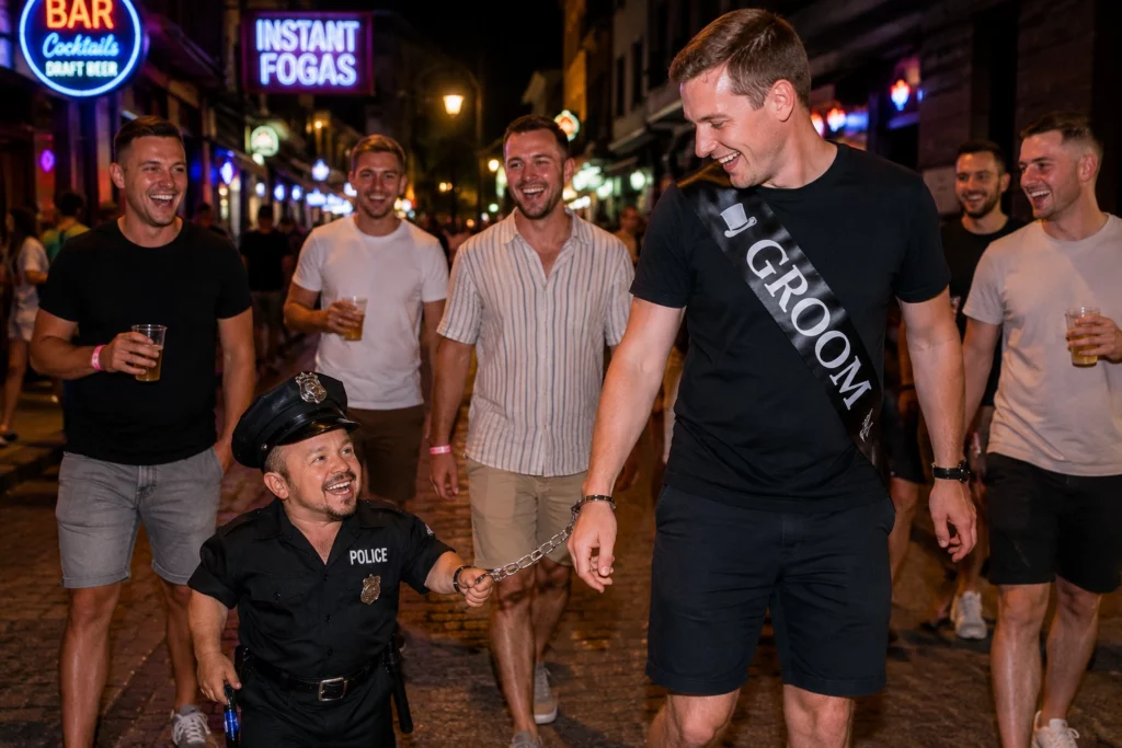 Dwarf handcuff pub crawl with a stag group in Budapest