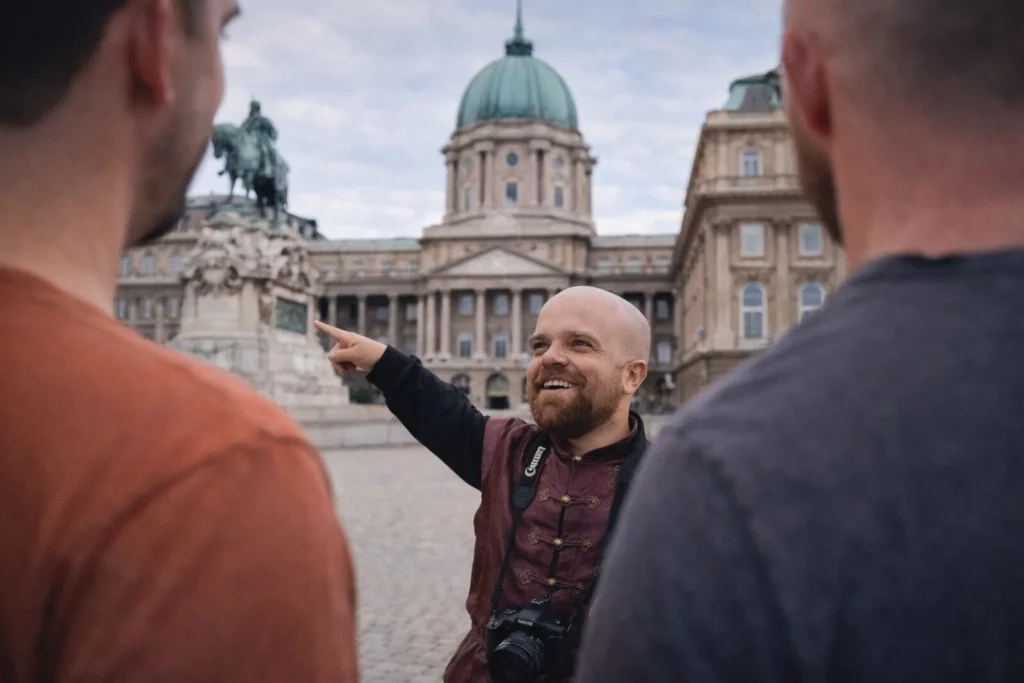 Bald dwarf host guiding a small stag group near Buda Castle in Budapest, a fun dwarf hosted city style moment and sightseeing add on for bachelor weekends.
