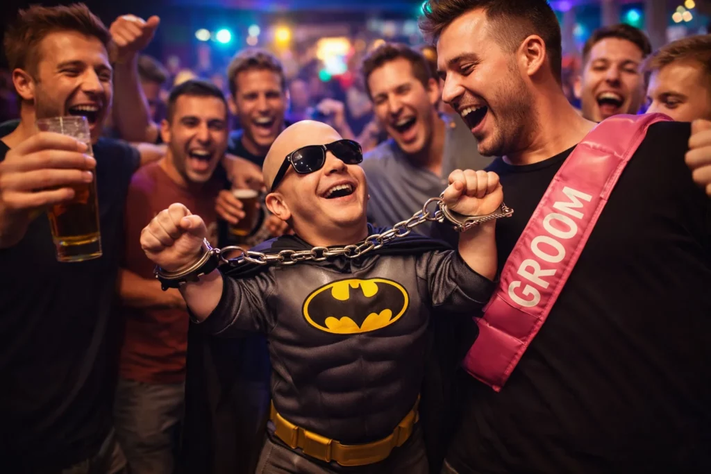 Laughing stag group in a Budapest nightlife venue reacting to a dwarf handcuff prank, with the performer in a playful costume creating a high energy bachelor party moment.
