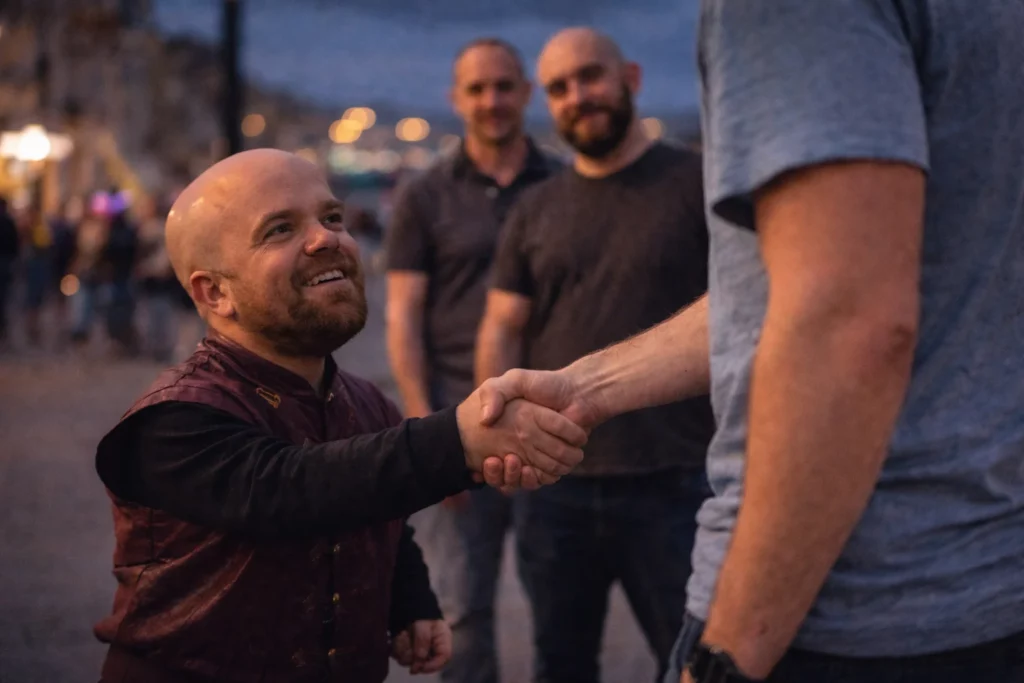 Bald dwarf performer shaking hands with a guest in Budapest at dusk, showing respectful dwarf hire Budapest entertainment with clear professional boundaries for stag parties.