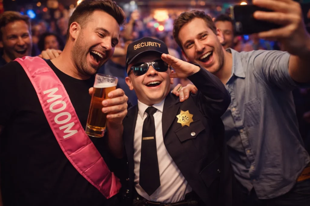 Dwarf performer in a security themed outfit posing for a group selfie in a Budapest bar, showing what dwarf hire Budapest services usually include for stag parties.