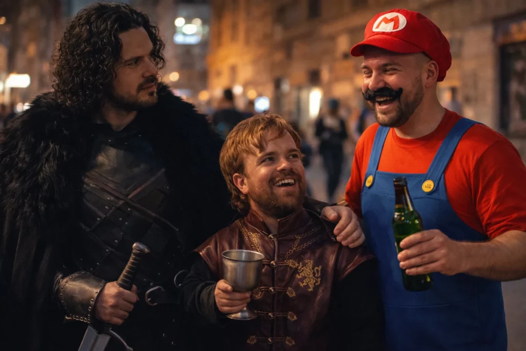 Themed stag party scene in Budapest with a dwarf performer in a fantasy costume and friends in character outfits, showing themed dwarf hire Budapest experiences for bachelor groups.