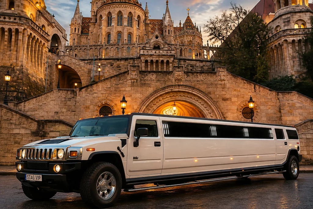 White Hummer limo at Fisherman’s Bastion in Budapest