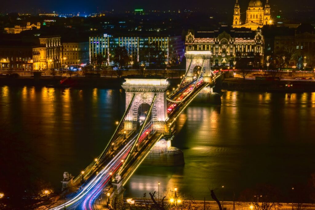 Night view of Budapest Chain Bridge, a scenic backdrop for unusual stag do activities Budapest offers