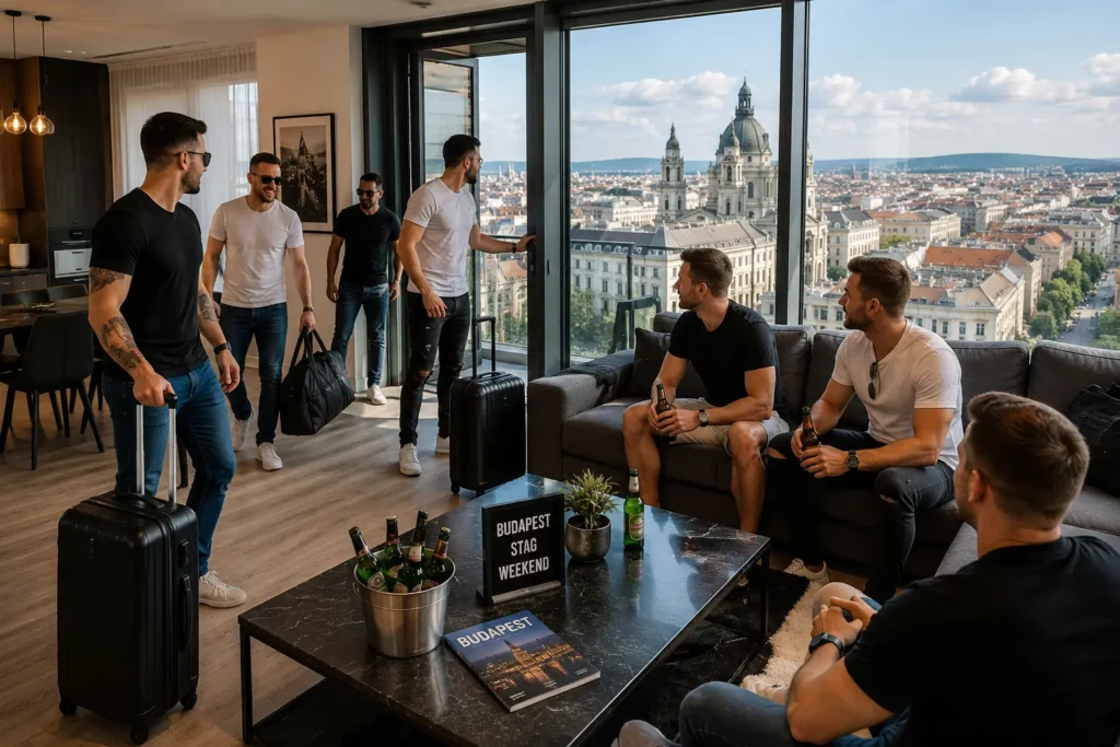 Stag group arriving at their accommodation in central Budapest