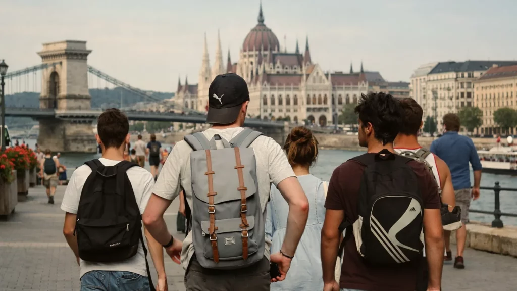 Group of friends on the Danube promenade in Budapest, Chain Bridge and Parliament in view, choosing a trusted stag do company.