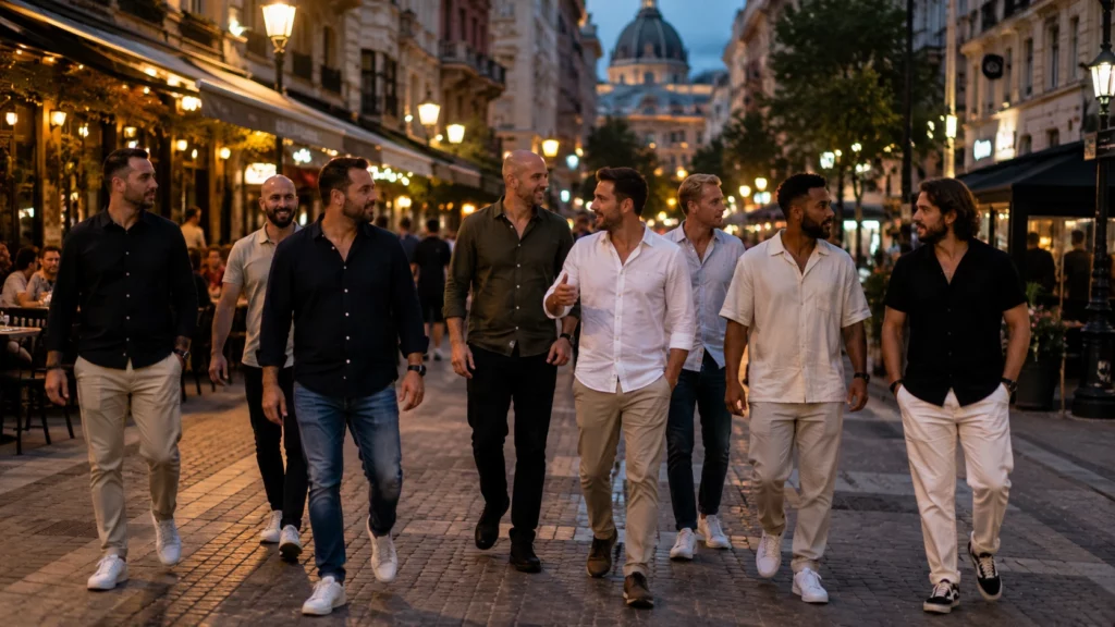 Stag group walking through central Budapest during an evening out