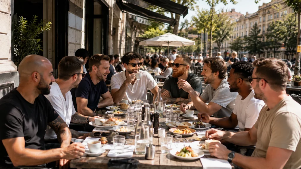 Stag group having a relaxed brunch together during a Budapest weekend