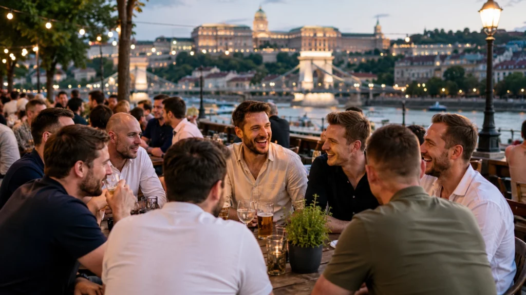 Stag group enjoying an evening together during a Budapest weekend