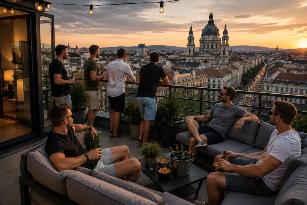 Stag group relaxing at central Budapest accommodation overlooking the city