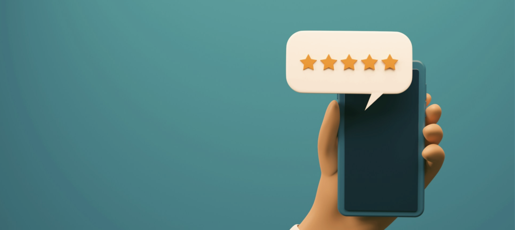 3D illustration of a hand holding a smartphone displaying a five-star review in a speech bubble. Perfect visual representation for positive stag do reviews, emphasizing high ratings and customer satisfaction.