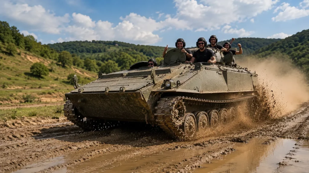 Military vehicle carrying a group during a tank driving experience in Budapest