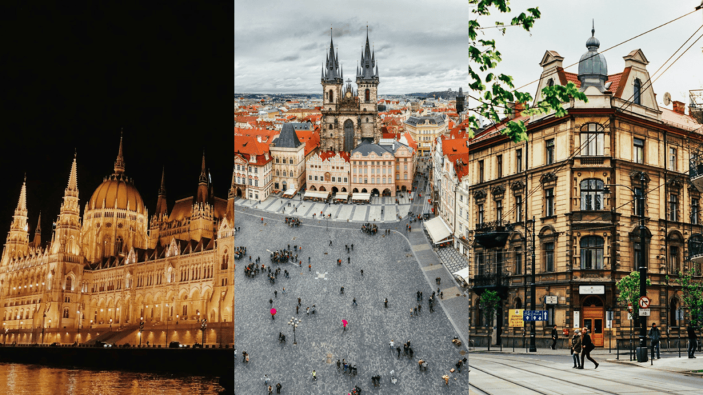 Photo collage of three iconic European cities popular for stag dos. Left: Budapest at night, featuring the illuminated Hungarian Parliament Building by the river. Center: Prague's Old Town Square with historical buildings and crowds. Right: Krakow street view showcasing classic architecture and tram lines