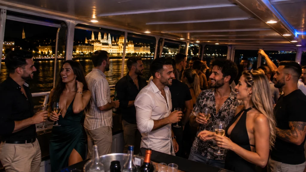 Private boat party in Budapest with drinks and music onboard