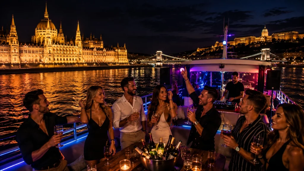 Private boat party in Budapest at night with DJ and drinks