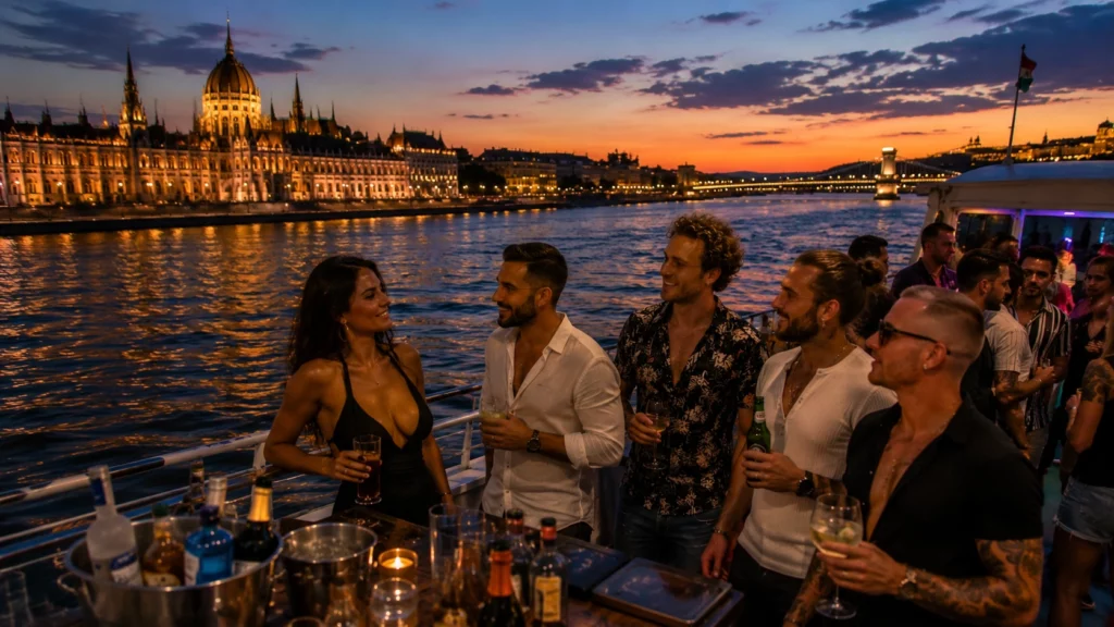 Private boat party in Budapest at sunset on the Danube