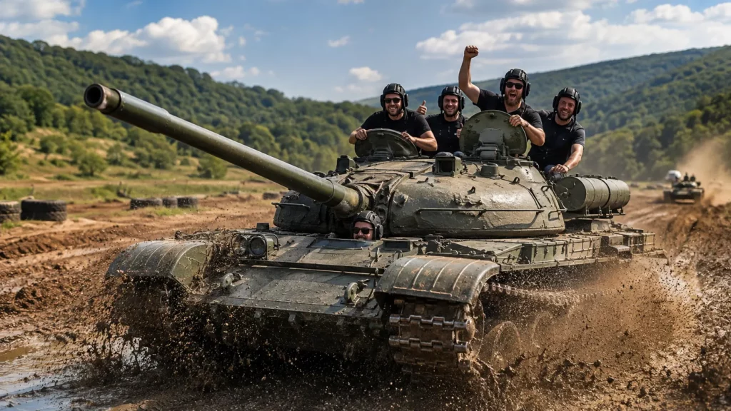 Tank driving in Budapest with a group riding a military tank off road