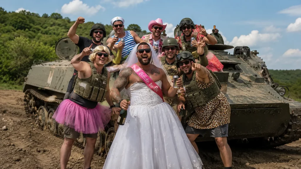 Stag group in fancy dress with a military vehicle during tank driving in Budapest