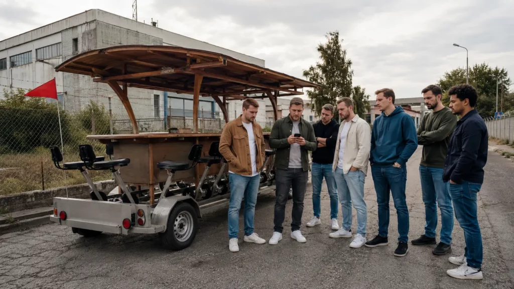Disappointed stag group beside a beer bike outside central Budapest
