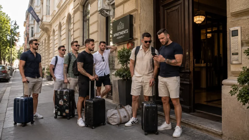 Stag group checking accommodation rules outside a Budapest apartment