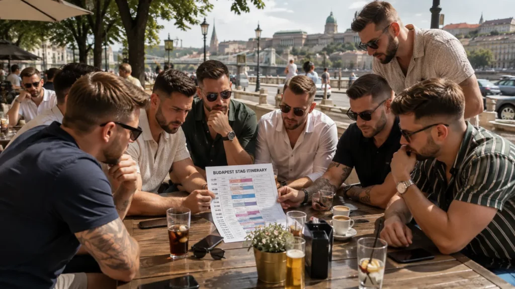 Stag group reviewing a busy Budapest weekend itinerary