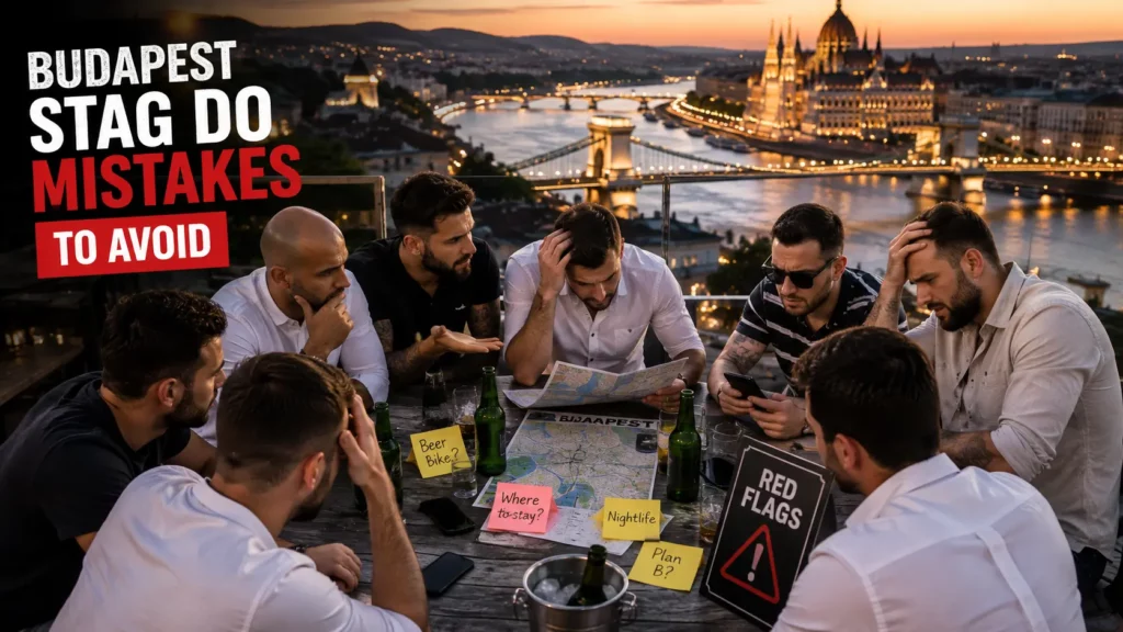 Stag group planning a Budapest weekend and discussing common mistakes to avoid