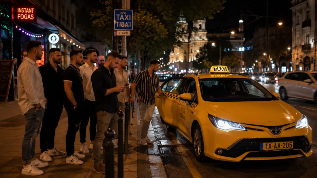 Stag group checking a taxi before travelling at night in Budapest