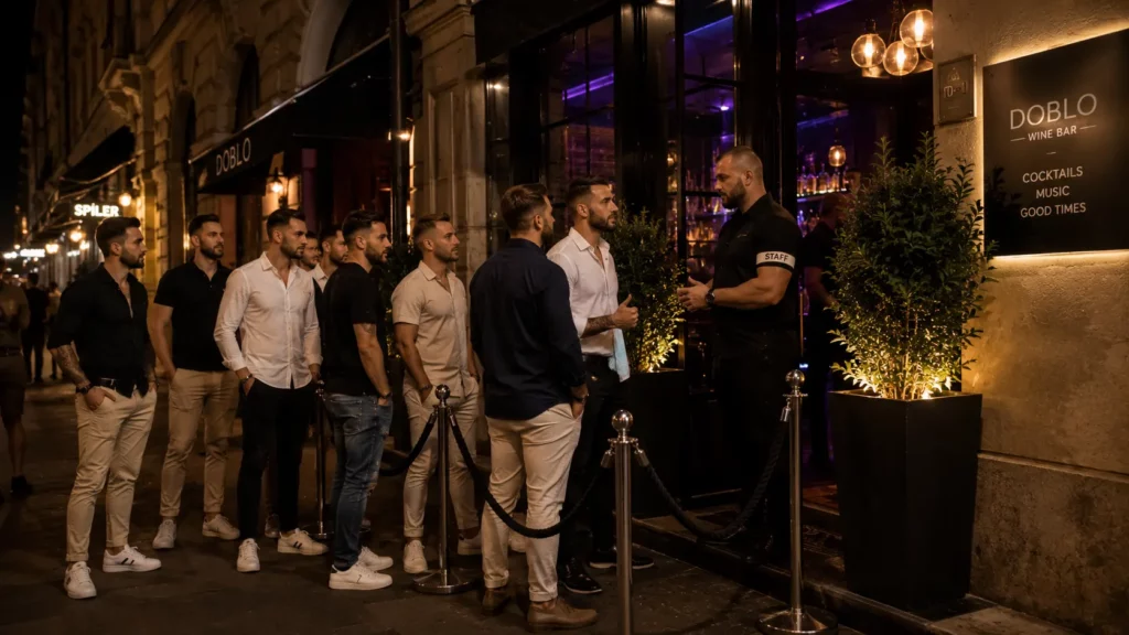 Large stag group waiting to enter a Budapest bar at night