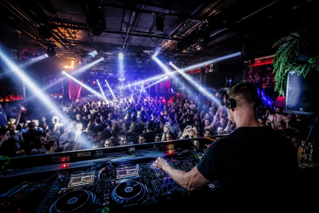 DJ performing for a packed crowd at a nightclub in Budapest