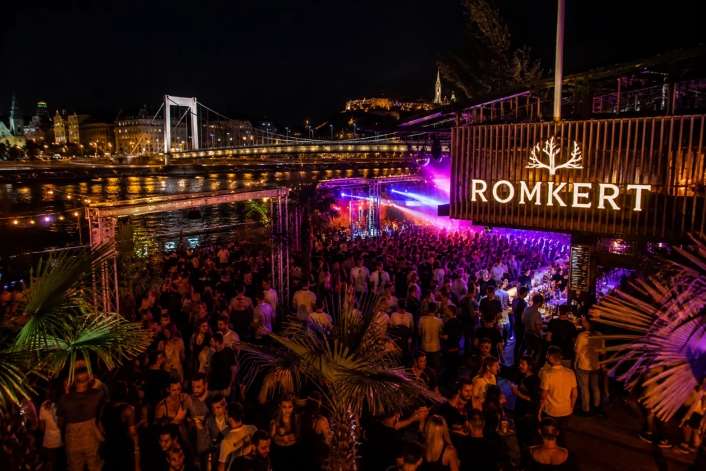 Open-air nightclub crowd at Romkert in Budapest