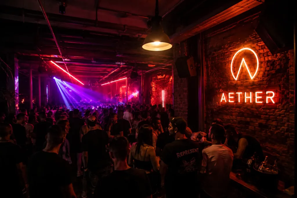 Crowd dancing inside an underground nightclub in Budapest