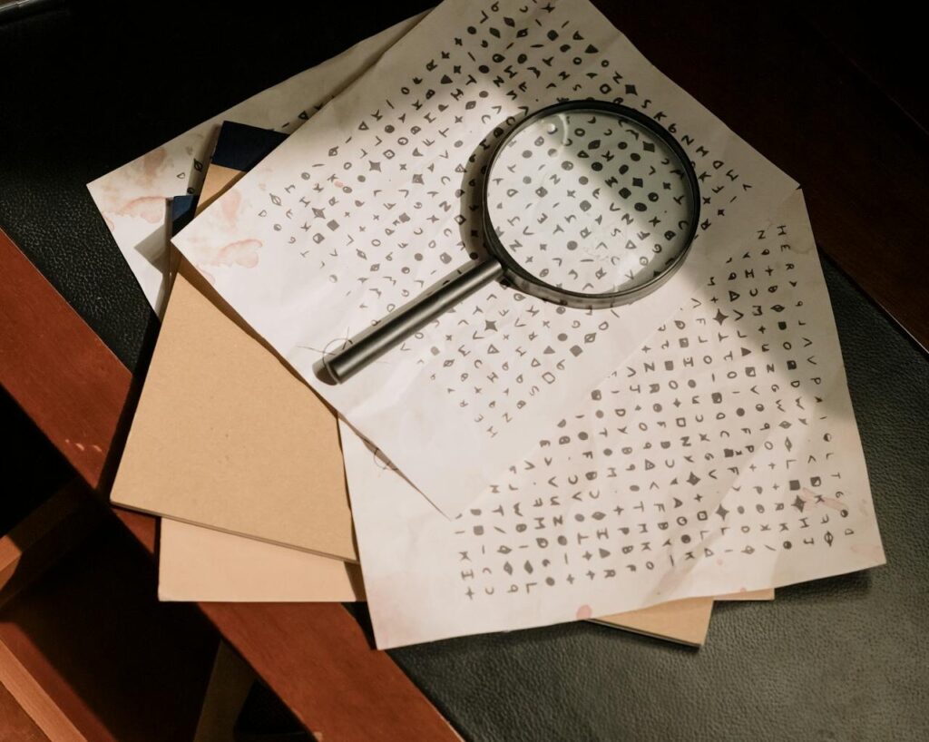 A mysterious escape room setup featuring encrypted papers with symbols, a magnifying glass, and aged documents on a dark wooden desk, creating a detective-style atmosphere.