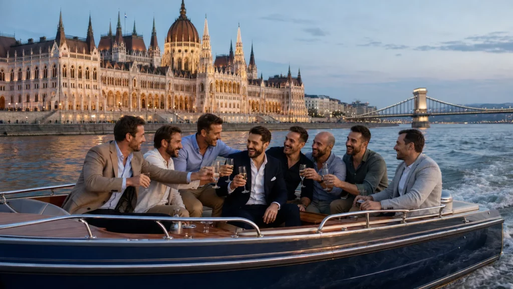 Stag and bachelor party group cruising past the Hungarian Parliament in Budapest