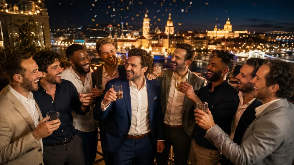 Stag party and bachelor party groups celebrating before a wedding