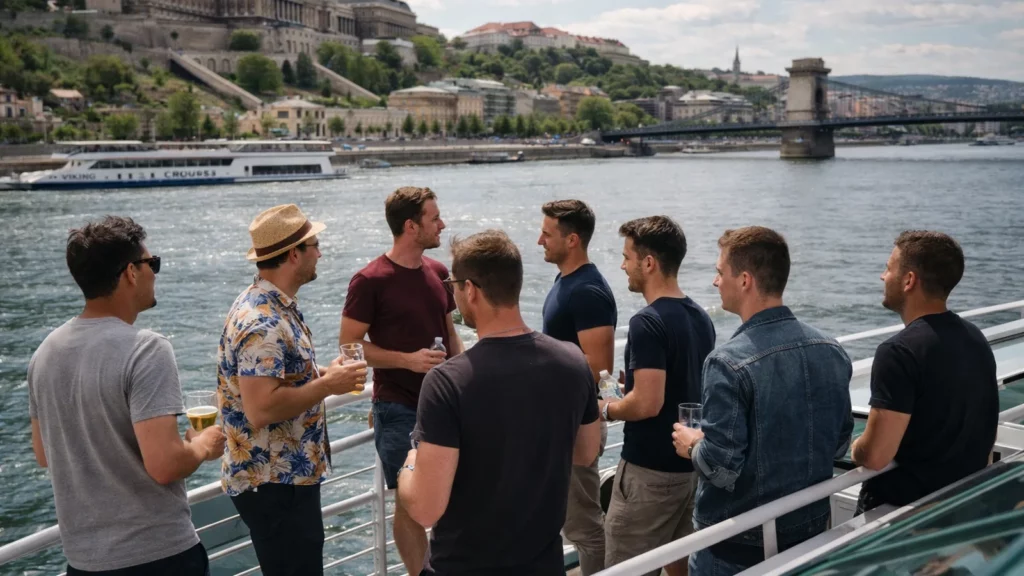 Friends relaxing with drinks on a Danube cruise boat during the day, with Budapest landmarks and the Chain Bridge in the background as a daytime anchor activity.