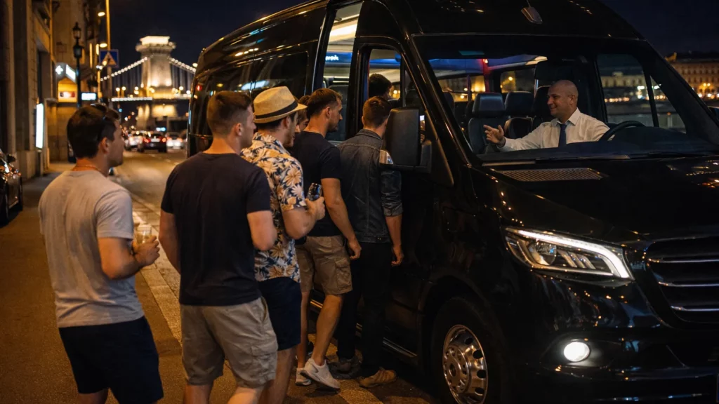 Friends boarding a black minibus at night in Budapest with the Chain Bridge lights in the background, showing organised group transport for a stag do itinerary.