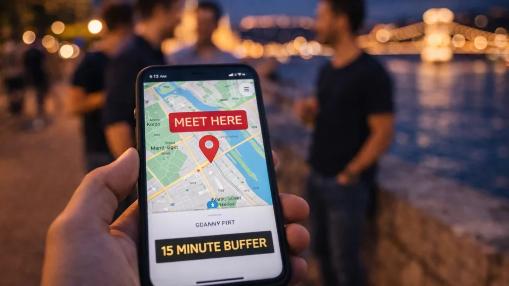 Close-up of a phone showing a pinned meet-up point and a 15-minute buffer note, while friends wait by the Danube near the Chain Bridge at dusk for a Budapest stag do itinerary.