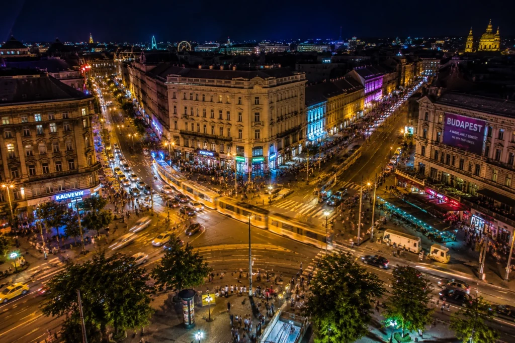 Budapest nightlife areas in central Pest at night