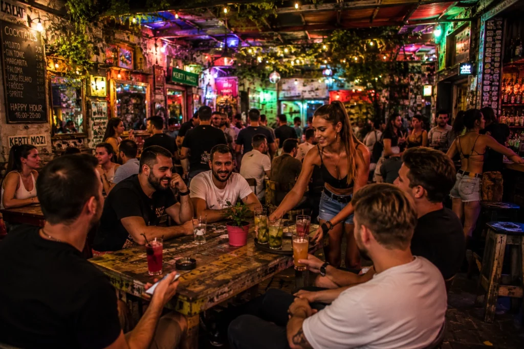Budapest nightlife inside a lively ruin bar