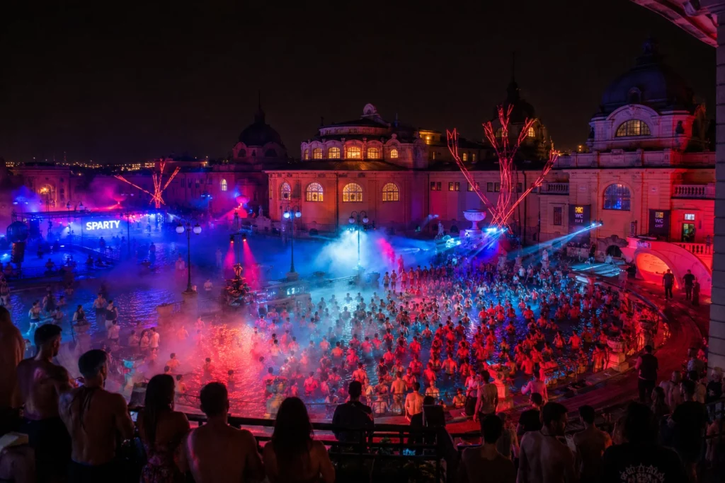 Budapest Sparty at Széchenyi Baths at night