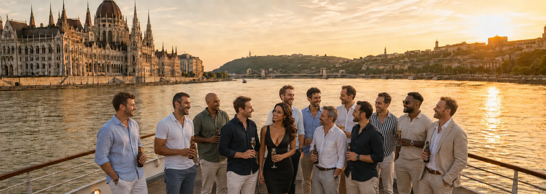 Budapest stag do group with a local coordinator on a private Danube boat at sunset