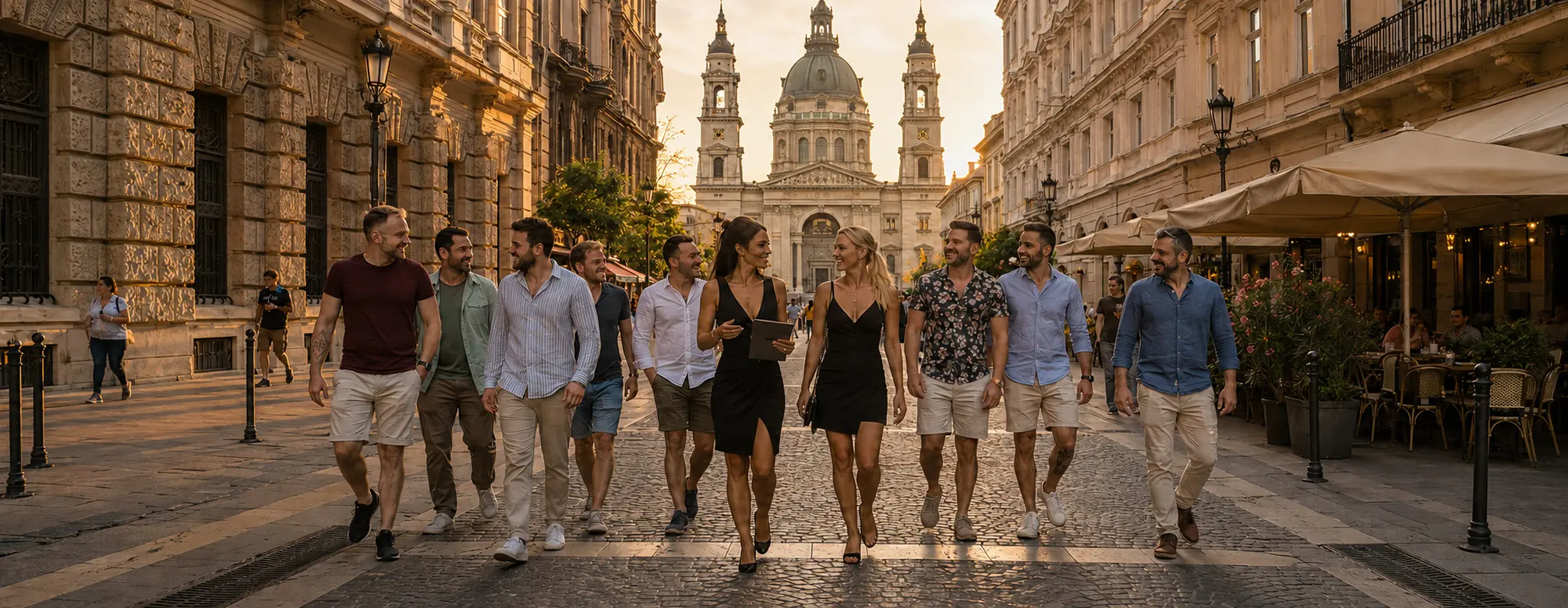 Two local female guides walking through Budapest with a stag do group near St Stephen’s Basilica