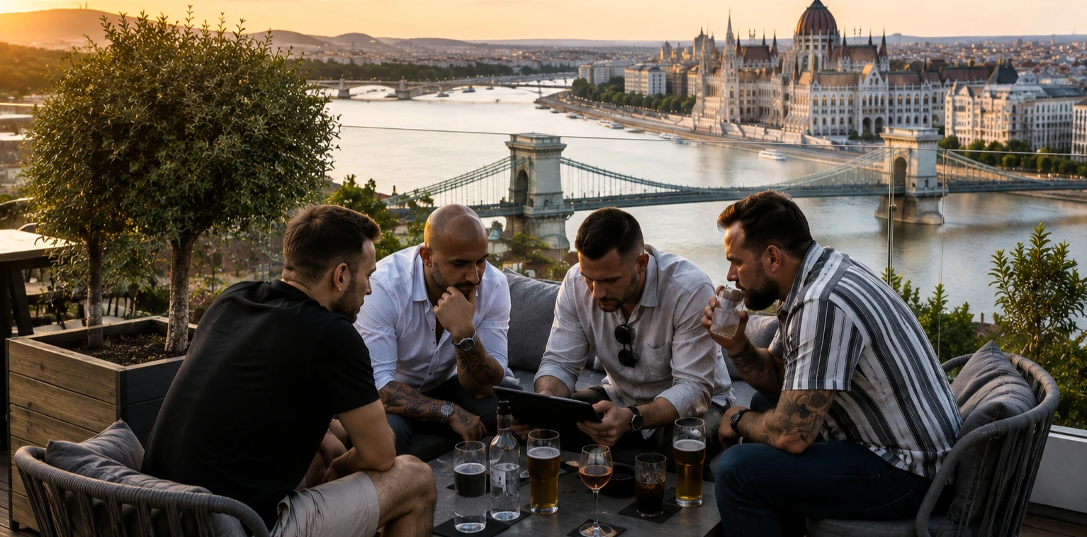 Group planning a Budapest stag do overlooking the Danube