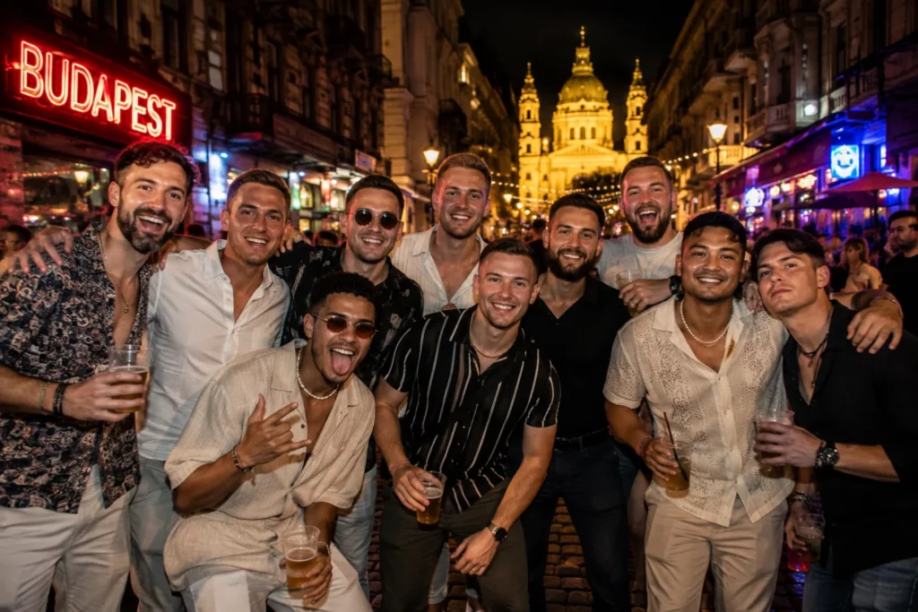 Stag group enjoying Budapest nightlife in the city centre